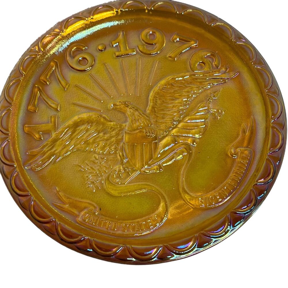 1776-1976 US Bicentennial Collectors Plate Amber Iridescent Carnival Dish 8"